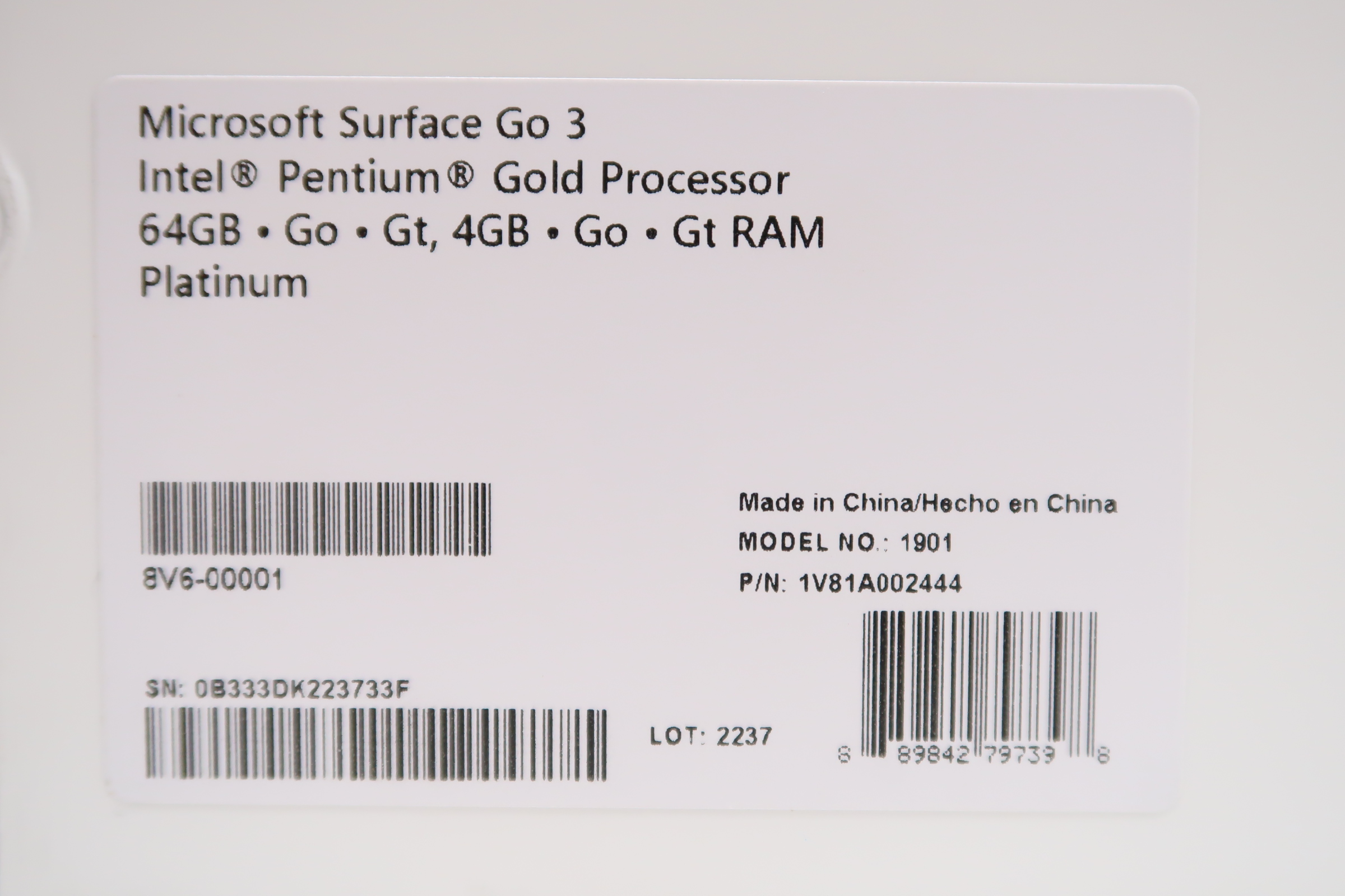 Microsoft Surface Go 3 1901 Pentium Gold 6500Y 1.1GHz 4GB