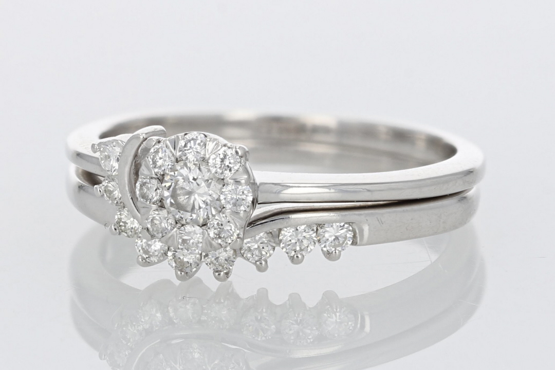 .35ctw Round Cut Diamond Cluster Halo Wedding Set Rings 14k White Gold ...