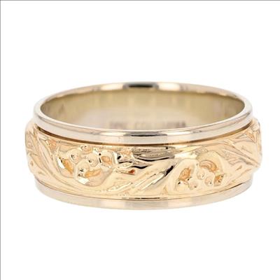 7.5mm Floral Textured Inlay Wedding Band 10k Multi-Tone Gold 6.42 Grams ...