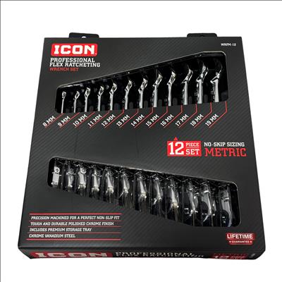 ICON WRFM-12 Professional 12pc Flex-Head Metric Ratcheting Wrench Set