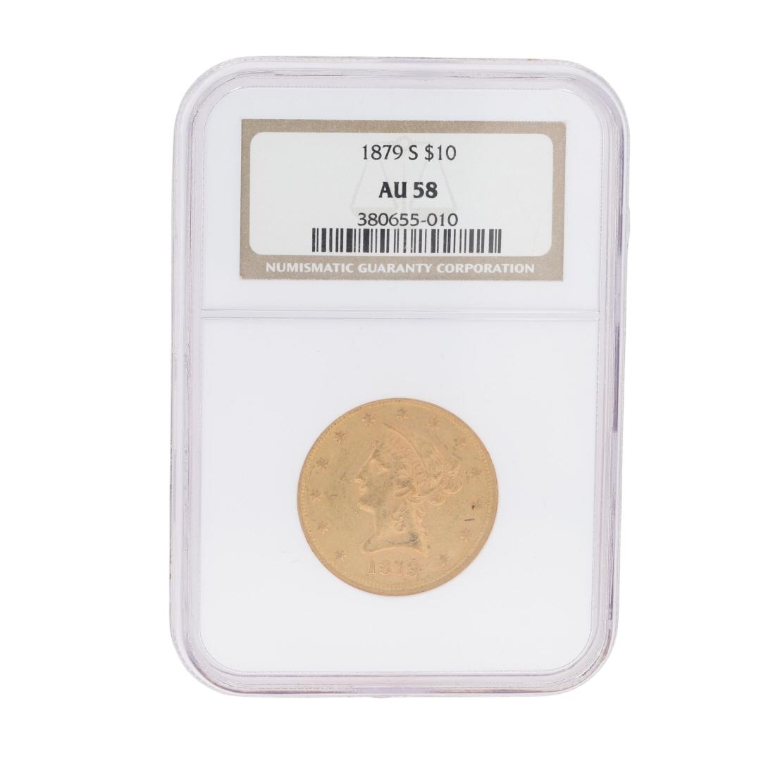 1879 $10 Liberty Head American Eagle Coin 90% Fine Gold NGC AU 58 San ...