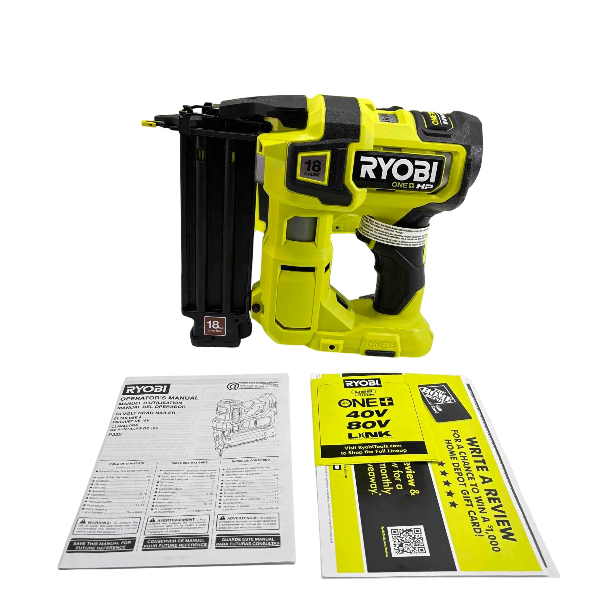 RYOBI P322 18V ONE+ HP Brushless Cordless 18-Gauge Brad Nailer