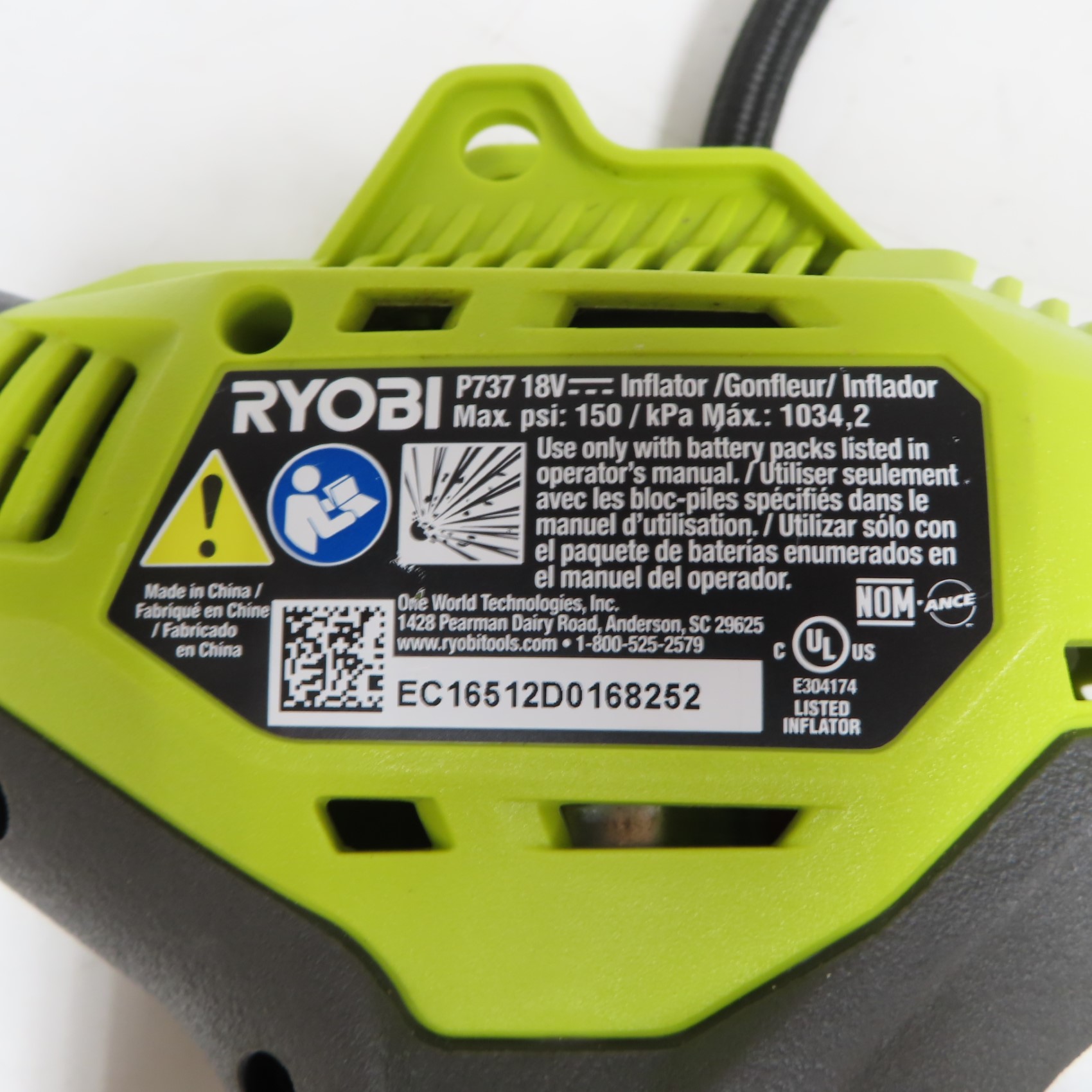 Ryobi P737 ONE+ 18V Portable Cordless Electric Air Inflator Kit