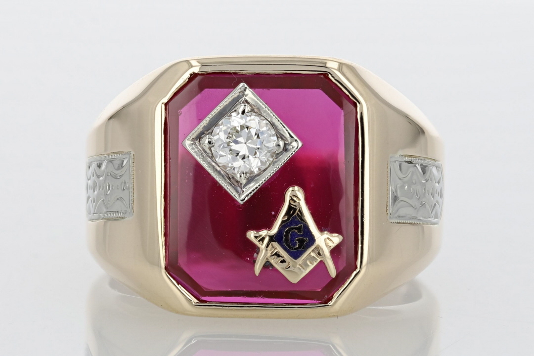 Round Diamond and Lab-Created Ruby Statement Ring 10k Yellow Gold Size 8.25