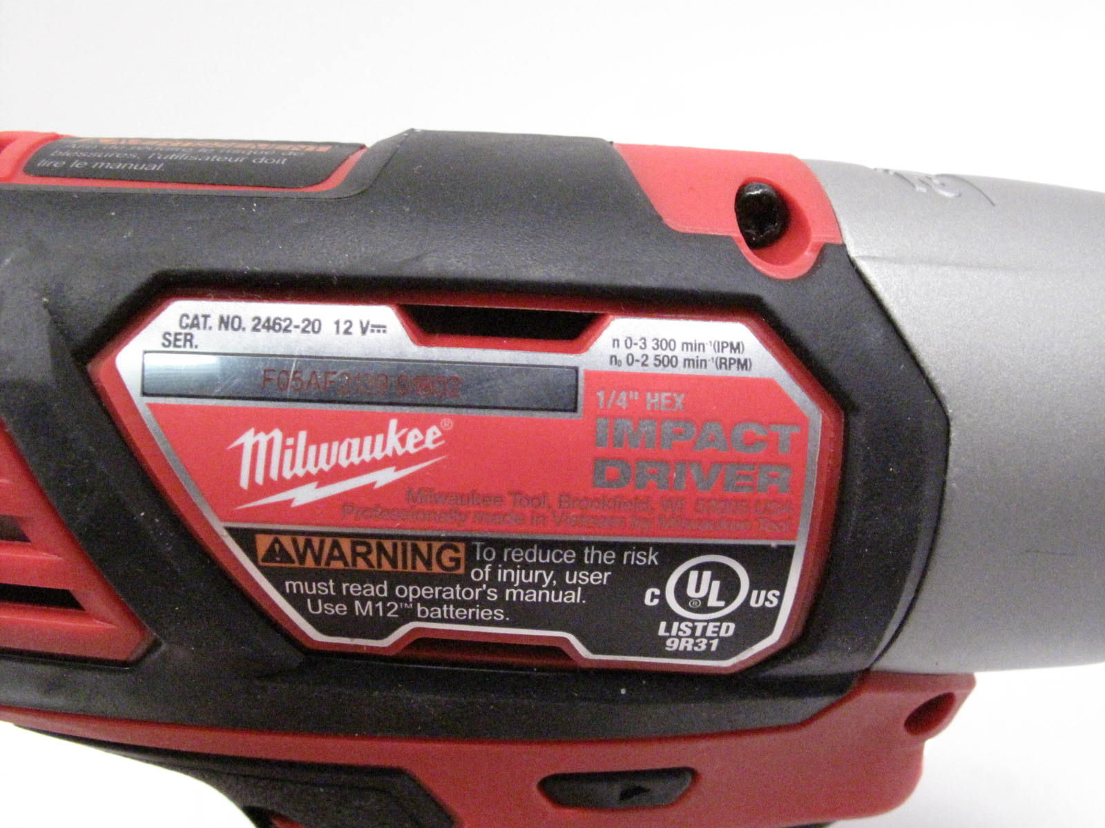 Milwaukee 2462-20 12V 1/4" Hex Cordless Impact Driver Tool/Battery Only
