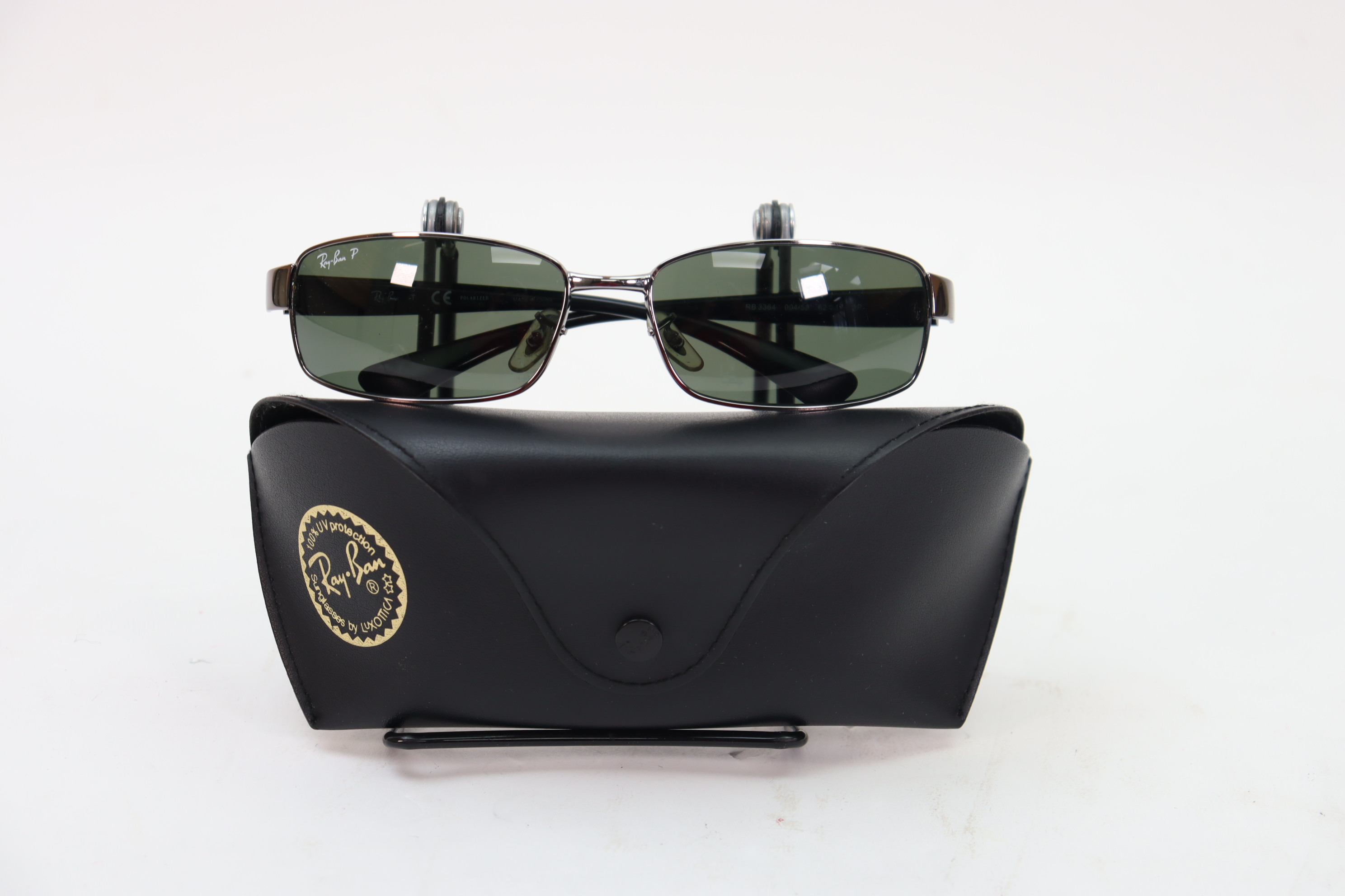 Ray Ban RB3364 Metal Polarized Rectangular Sunglasses Green Lens