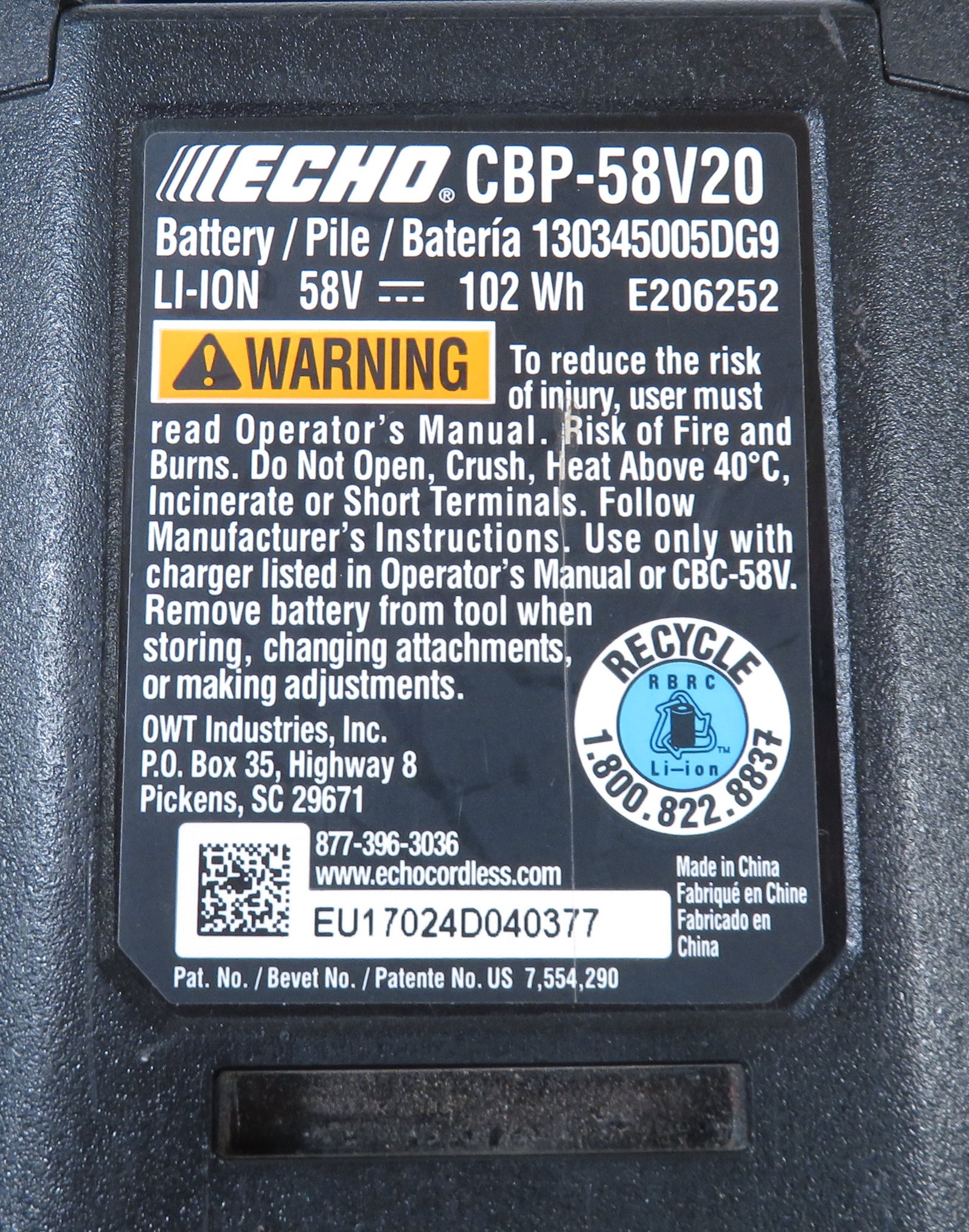 Echo CBP58V20 58Volt LithiumIon 2Ah Power Tool Battery Pack