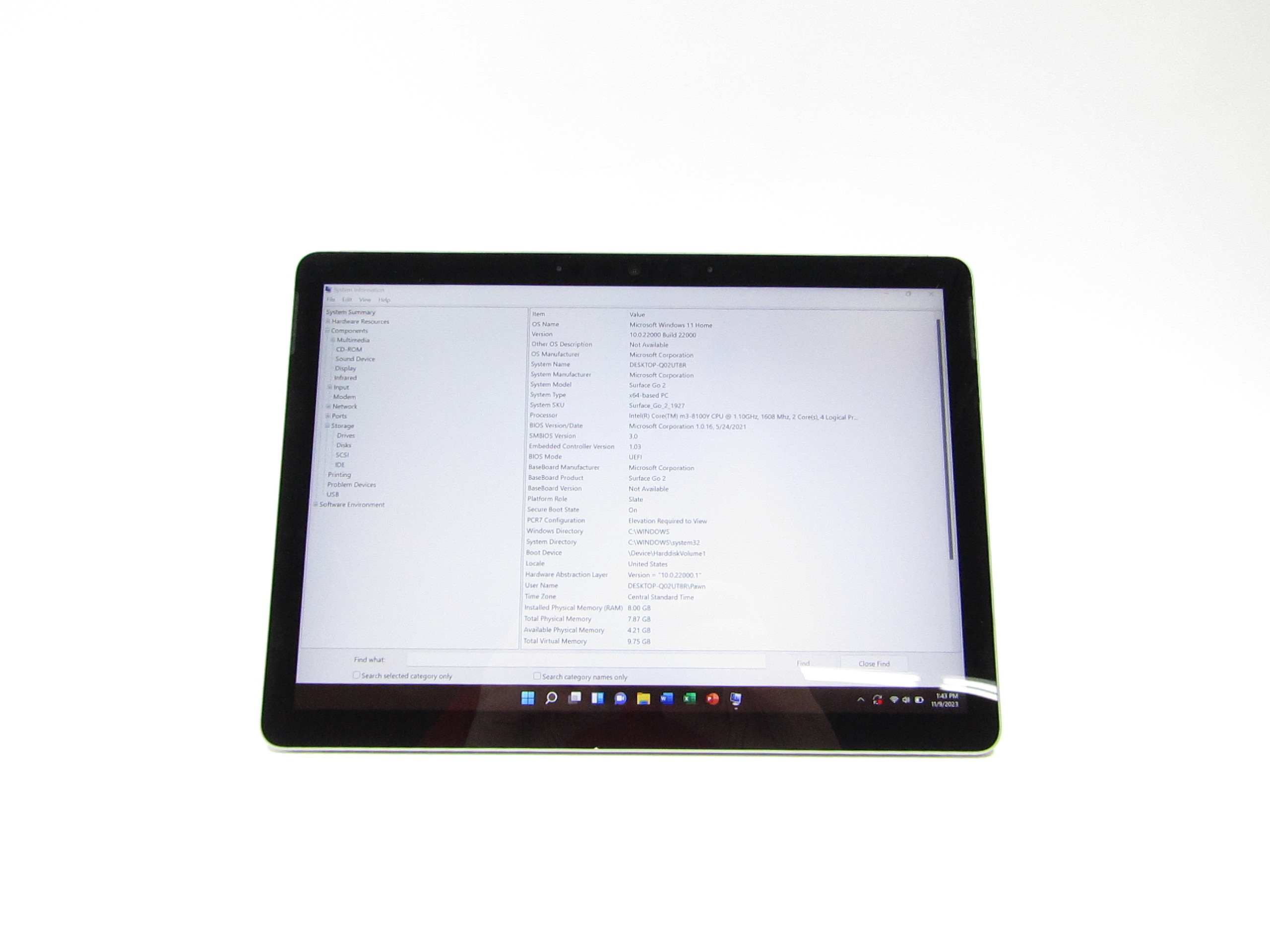 Microsoft 1927 Surface Go 2 Win 11 Core m3-8100Y 1.10GHz 8GB Ram