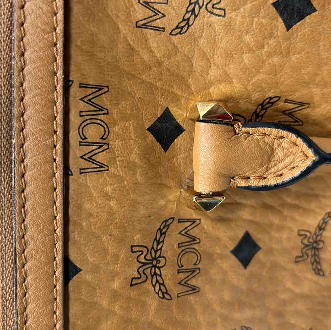 MCM Visetos Coated Canvas Brown Medium Boston Handbag 3159