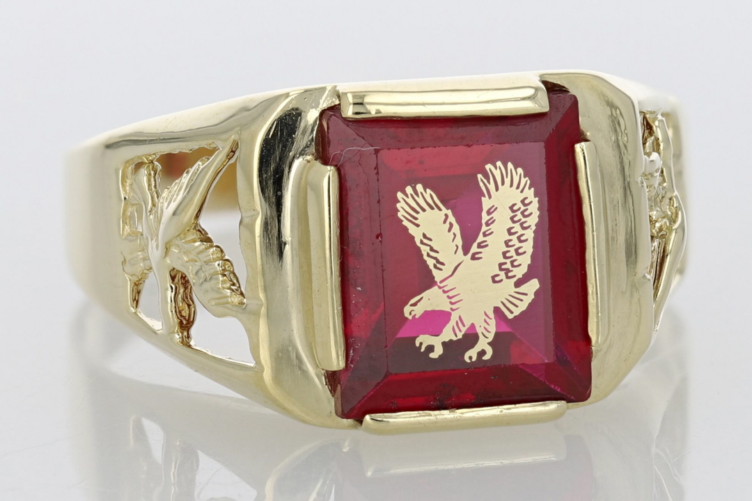 Lab-Created Rectangular Step Cut Ruby Eagle Band Ring 14k Yellow Gold ...