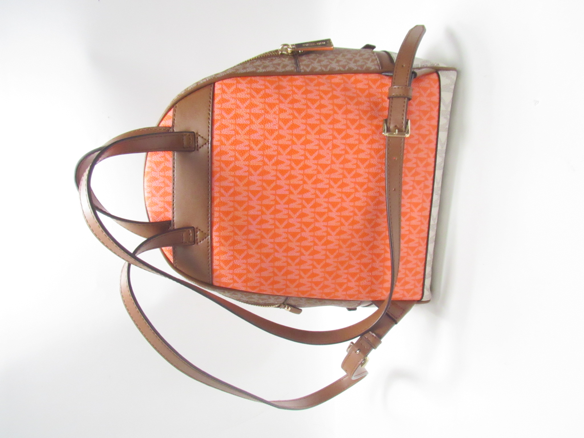 Michael Kors Multi-Color Brown/White/Tan Zip-Up MK Pattern Logo Backpack