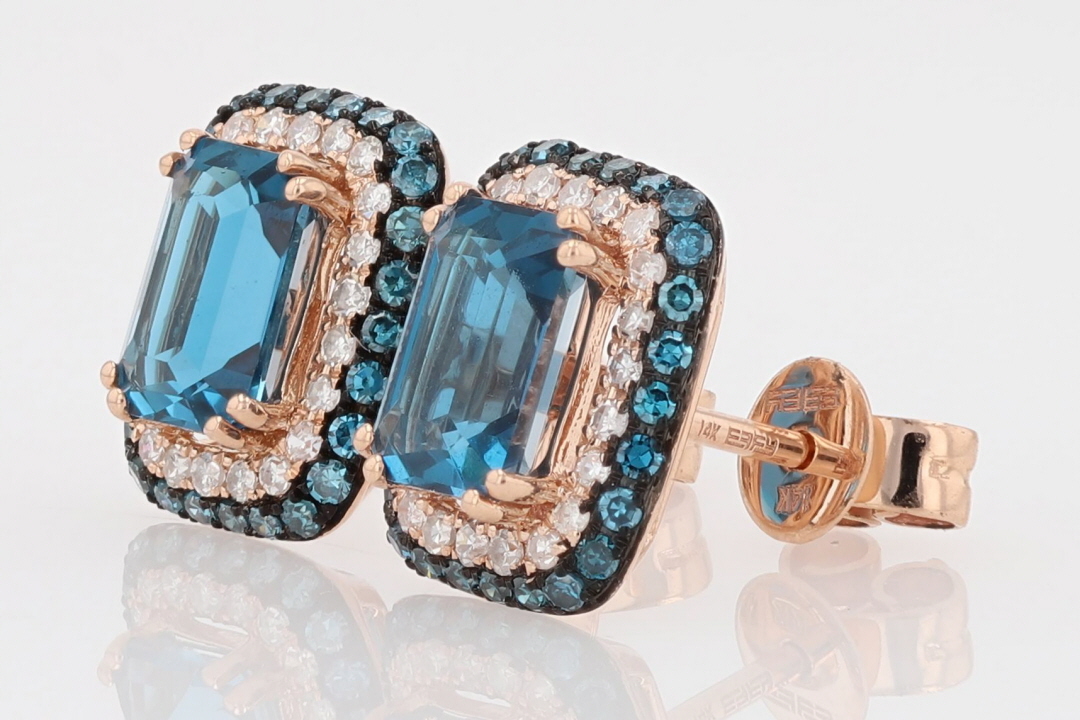 EFFY Emerald Cut Blue Topaz and Diamond Stud Pair Earrings