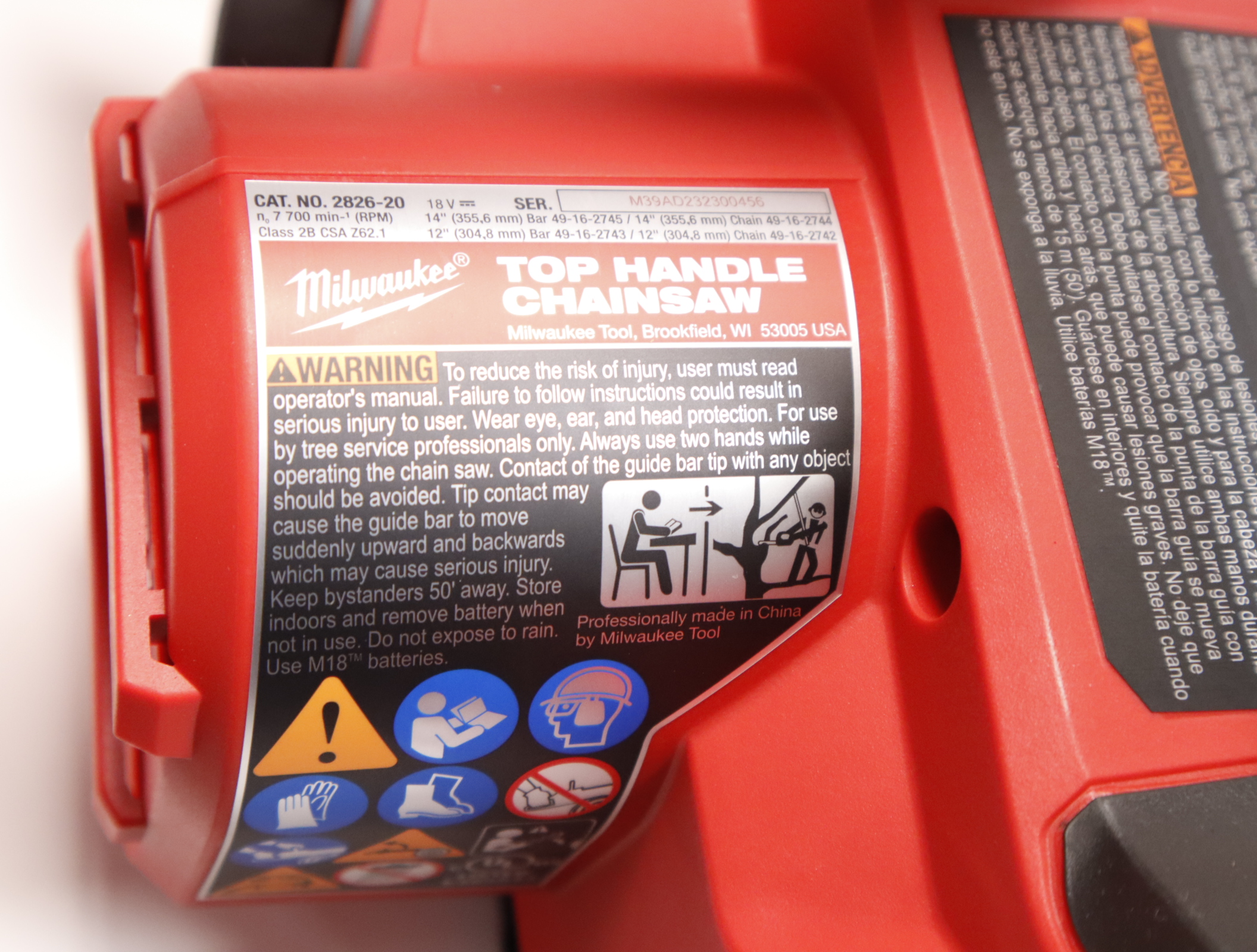 Milwaukee 2826-20T 18V Cordless Top Handle Chainsaw Tool Only