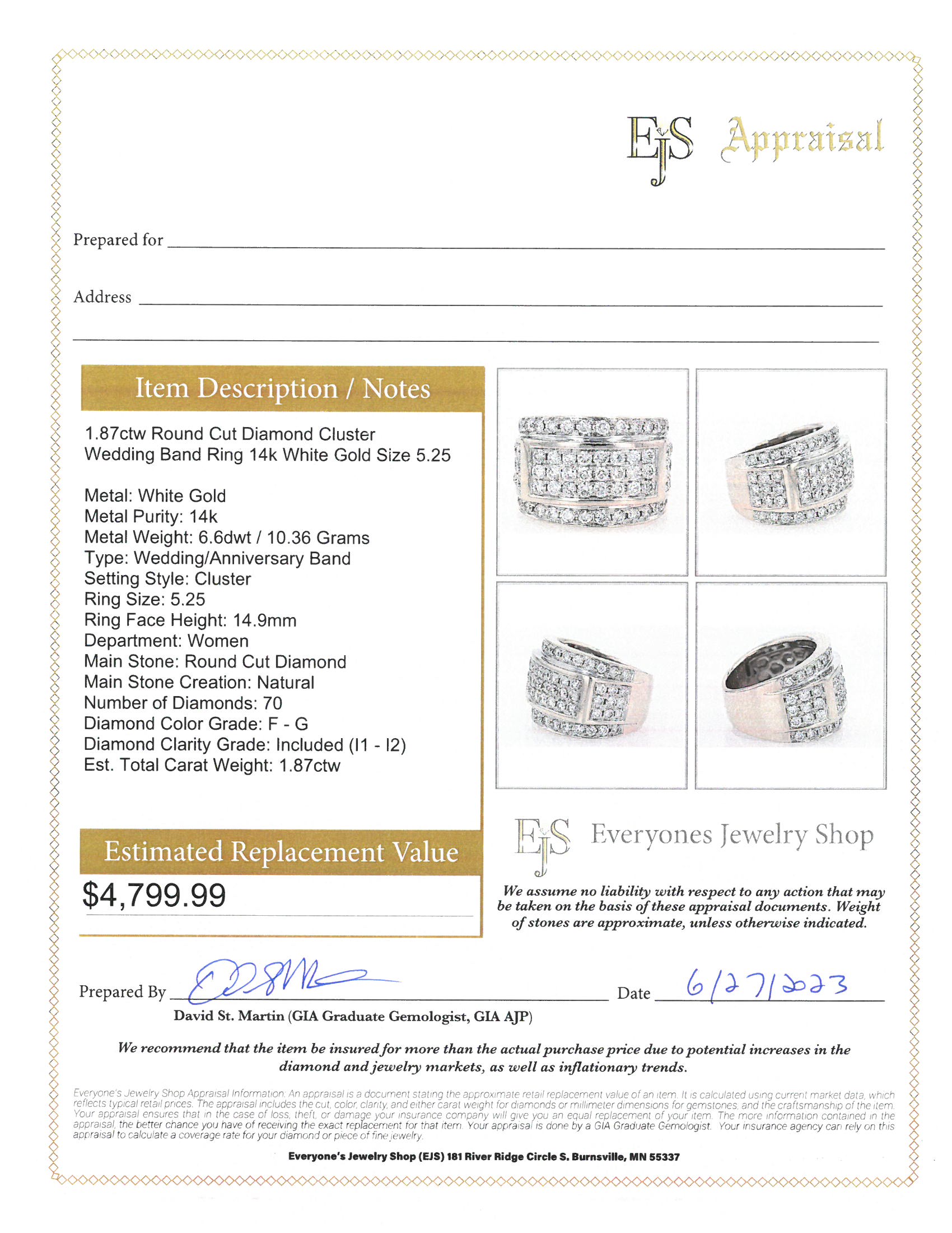 1.87ctw Round Cut Diamond Cluster Wedding Band Ring 14k White Gold Size ...
