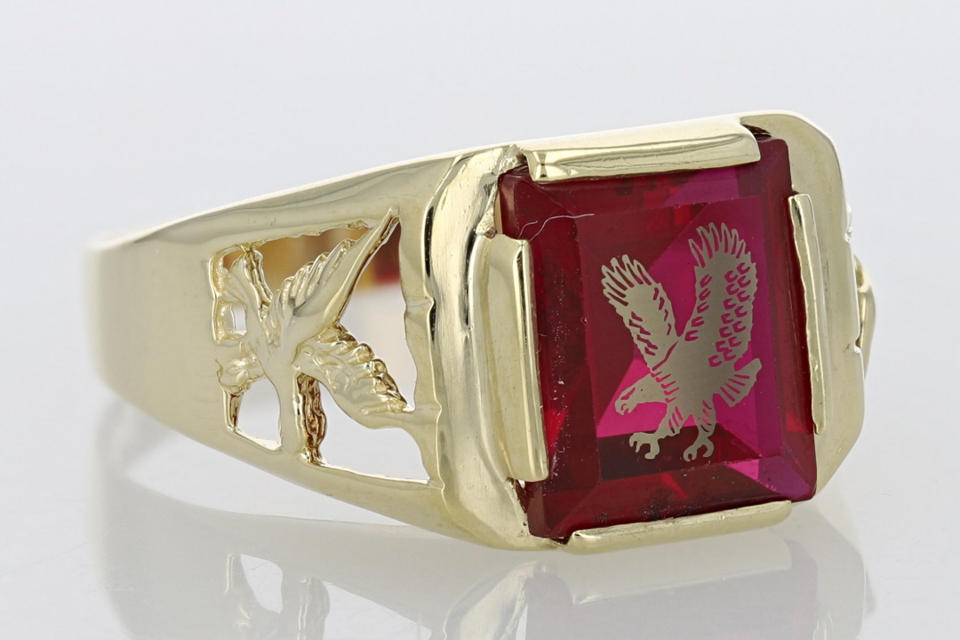 Lab-Created Rectangular Step Cut Ruby Eagle Band Ring 14k Yellow Gold ...