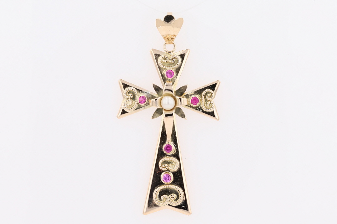 Pearl And Lab-created Ruby Religious Cross Pendant Without Chain 14k 