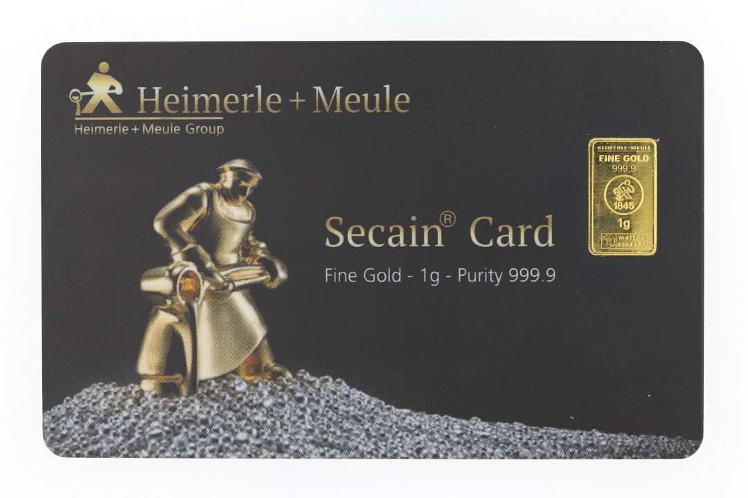 Heimerle + Meule 純金　１グラム　ゴールドバー （インゴット） Heimerle + Meule 1 Gram 999.9 Purity Fine Gold Bar Embossed Secain