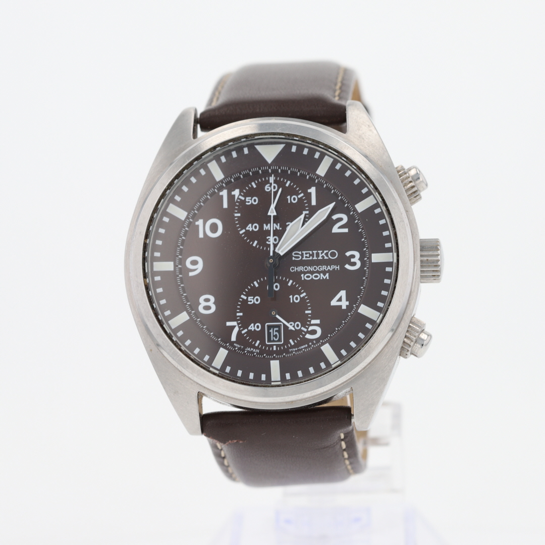 Seiko Chronograph 43mm Brown Dial Quartz Leather Strap Men's