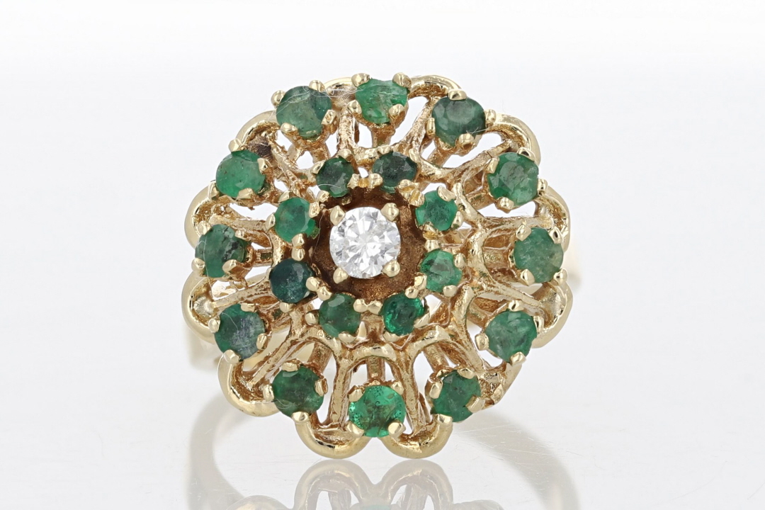 70ctw Round Cut Diamond and Emerald Cluster Ring 14k Yellow Gold