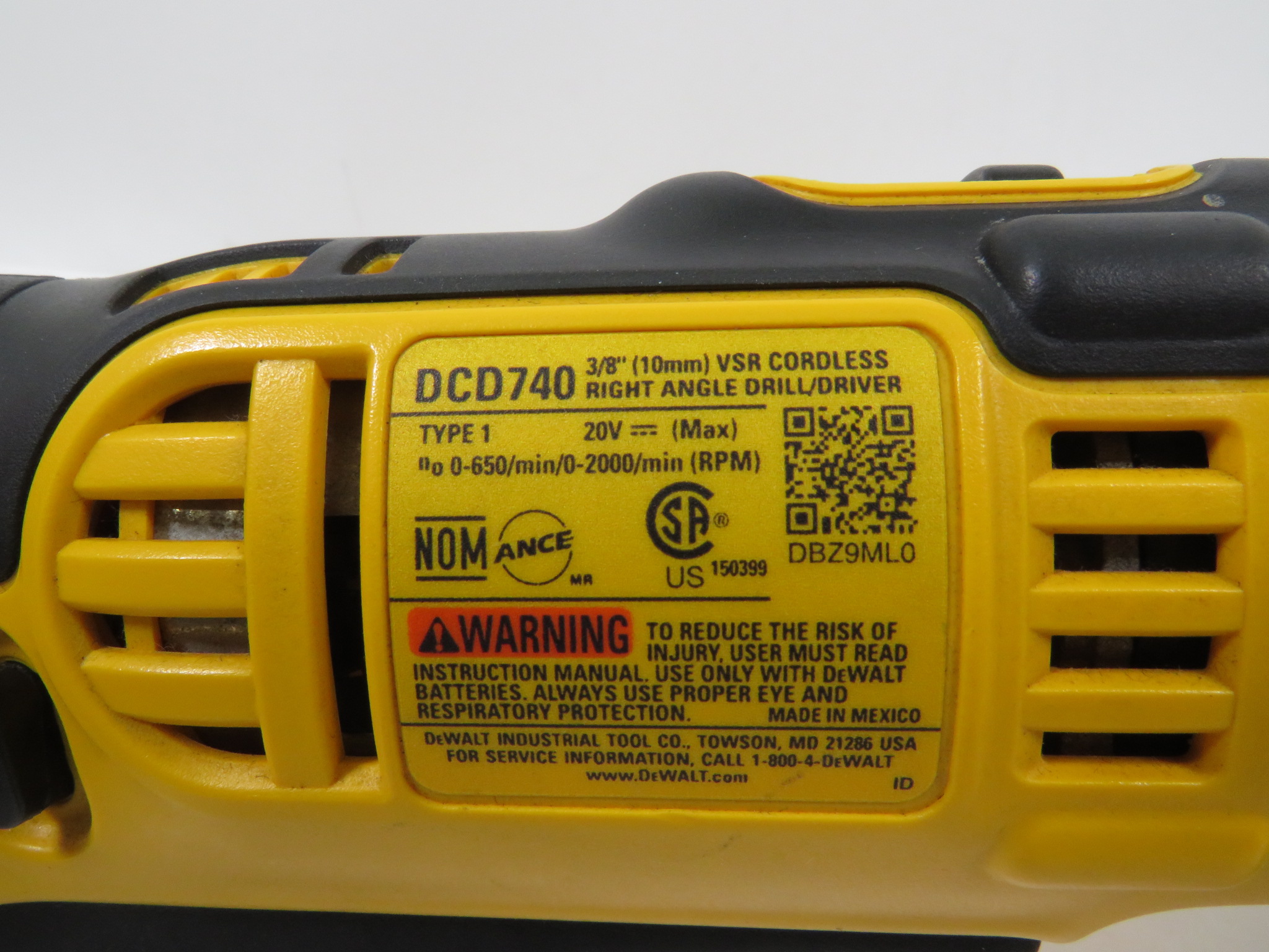 DeWalt DCD740 20V 3/8" Cordless Right Angle Drill/Driver